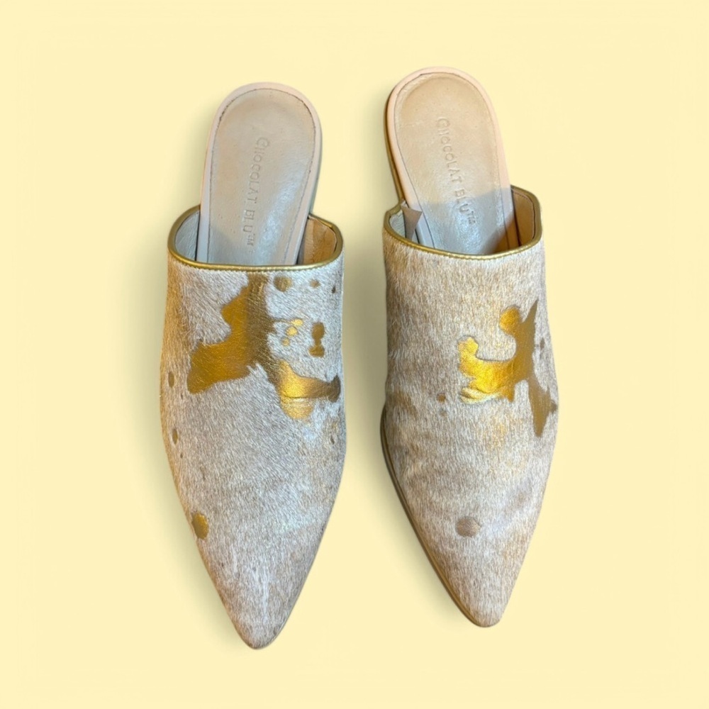 Chocolat Blu Clint Pony Hair Mule Gold & Ivory Size 38/US Size 7.5 Pointy Toe